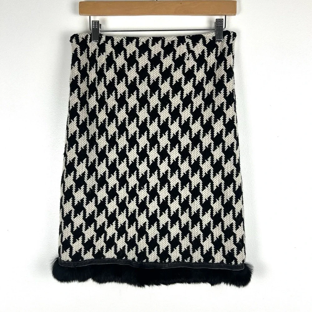 Cynthia Steffe Houndstooth Pencil Skirt Rabbit Fur Trim Sz 6 Parisian Chic Retro